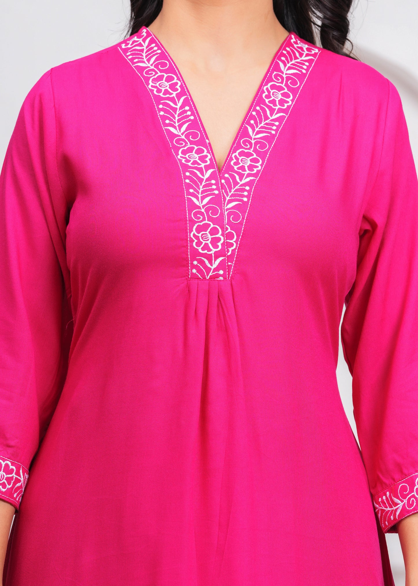 Pink Embroidered V Neck Rayon A-Line  Kurta Pant and Dupatta Set