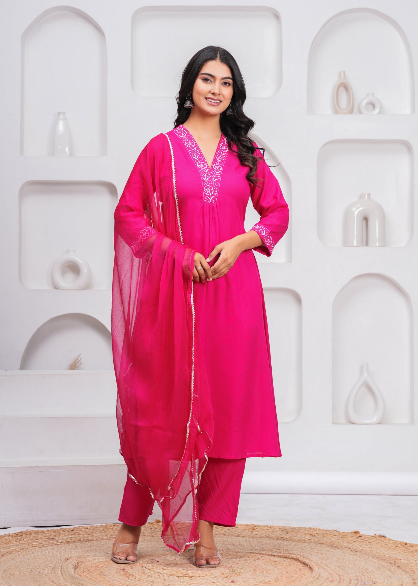 Pink Embroidered V Neck Rayon A-Line  Kurta Pant and Dupatta Set
