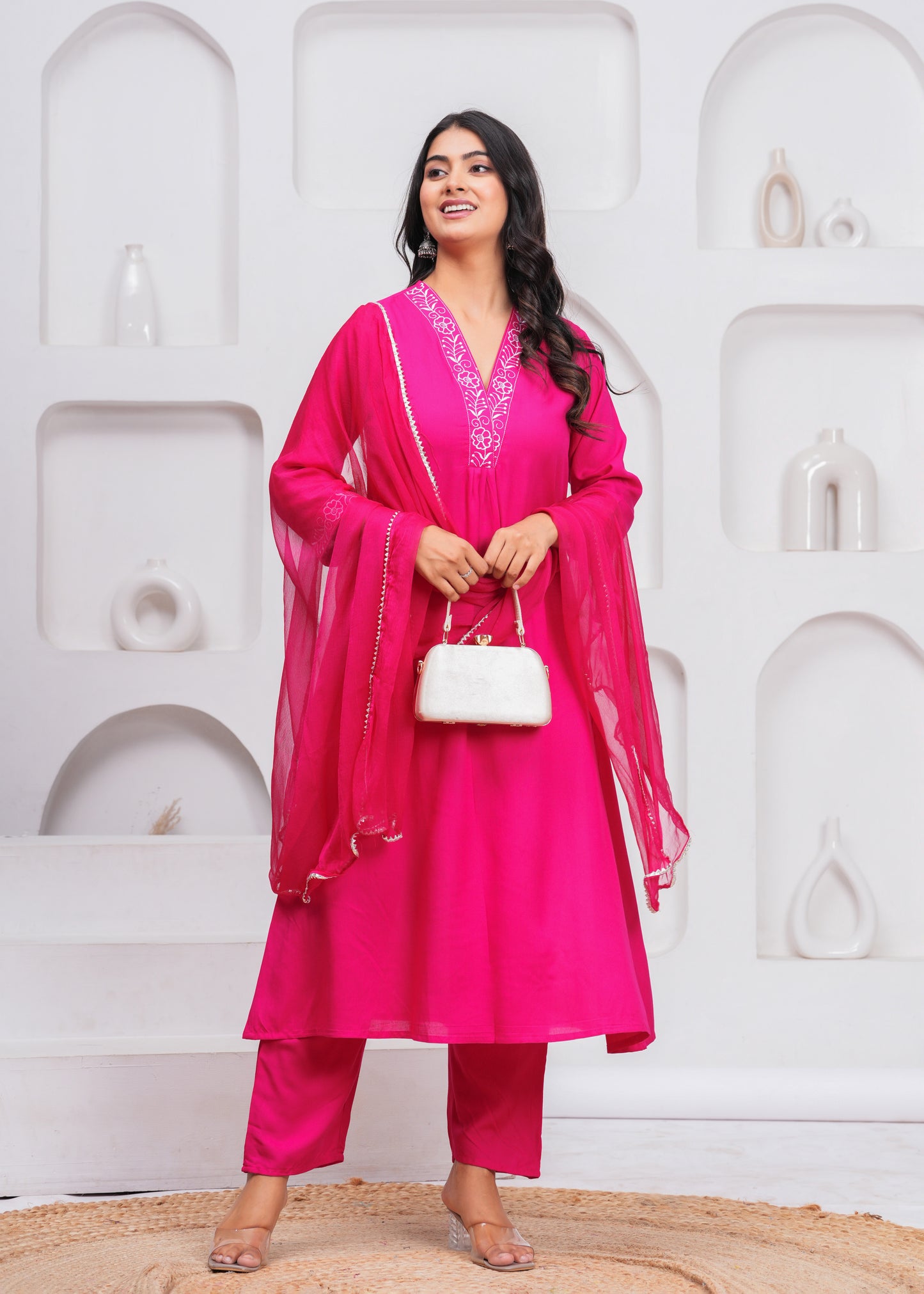 Pink Embroidered V Neck Rayon A-Line  Kurta Pant and Dupatta Set