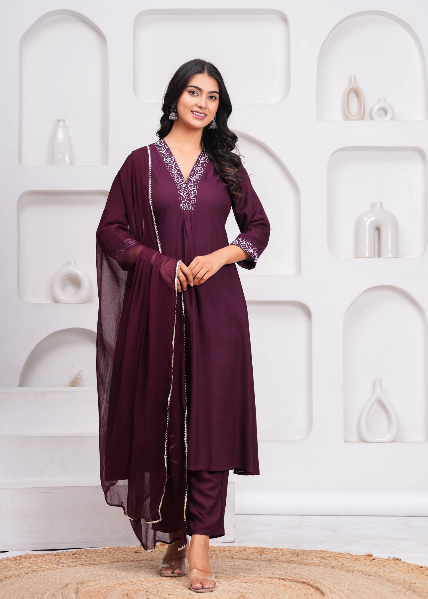 Wine Embroidered V Neck Rayon A-Line  Kurta Pant and Dupatta Set