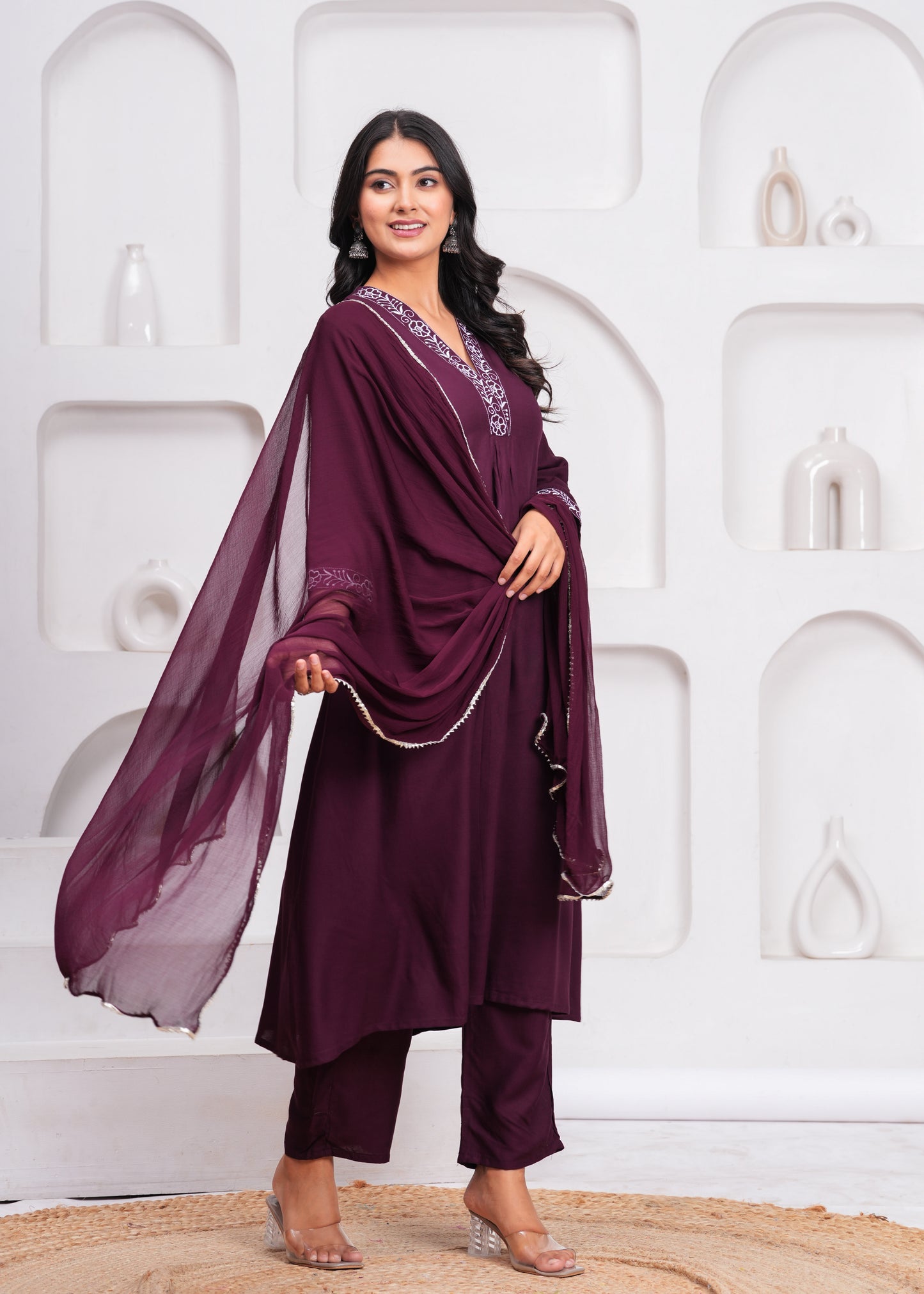 Wine Embroidered V Neck Rayon A-Line  Kurta Pant and Dupatta Set