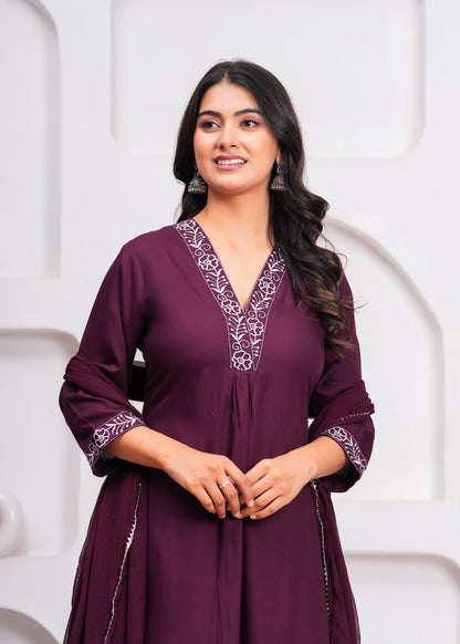 Wine Embroidered V Neck Rayon A-Line  Kurta Pant and Dupatta Set