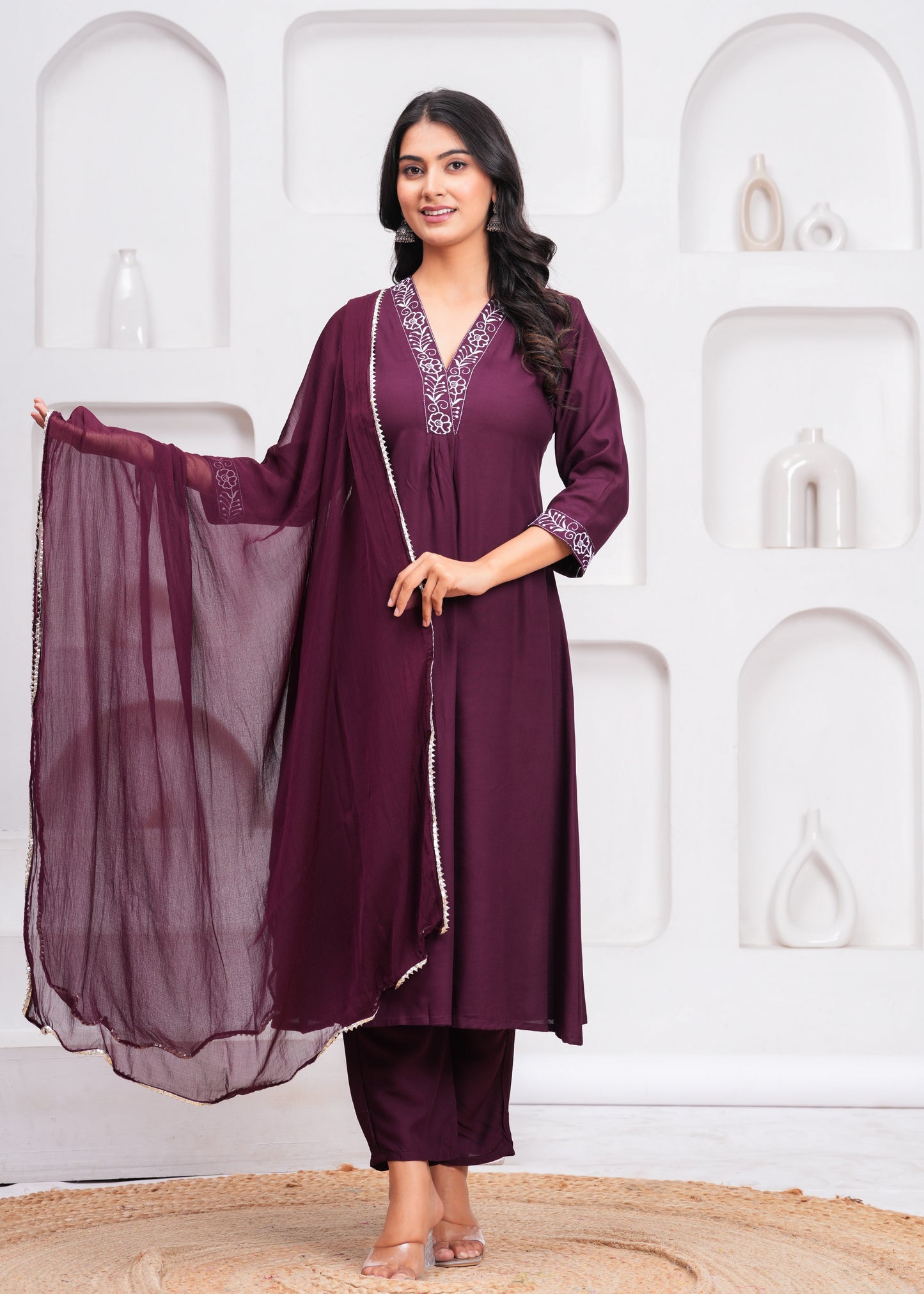 Wine Embroidered V Neck Rayon A-Line  Kurta Pant and Dupatta Set