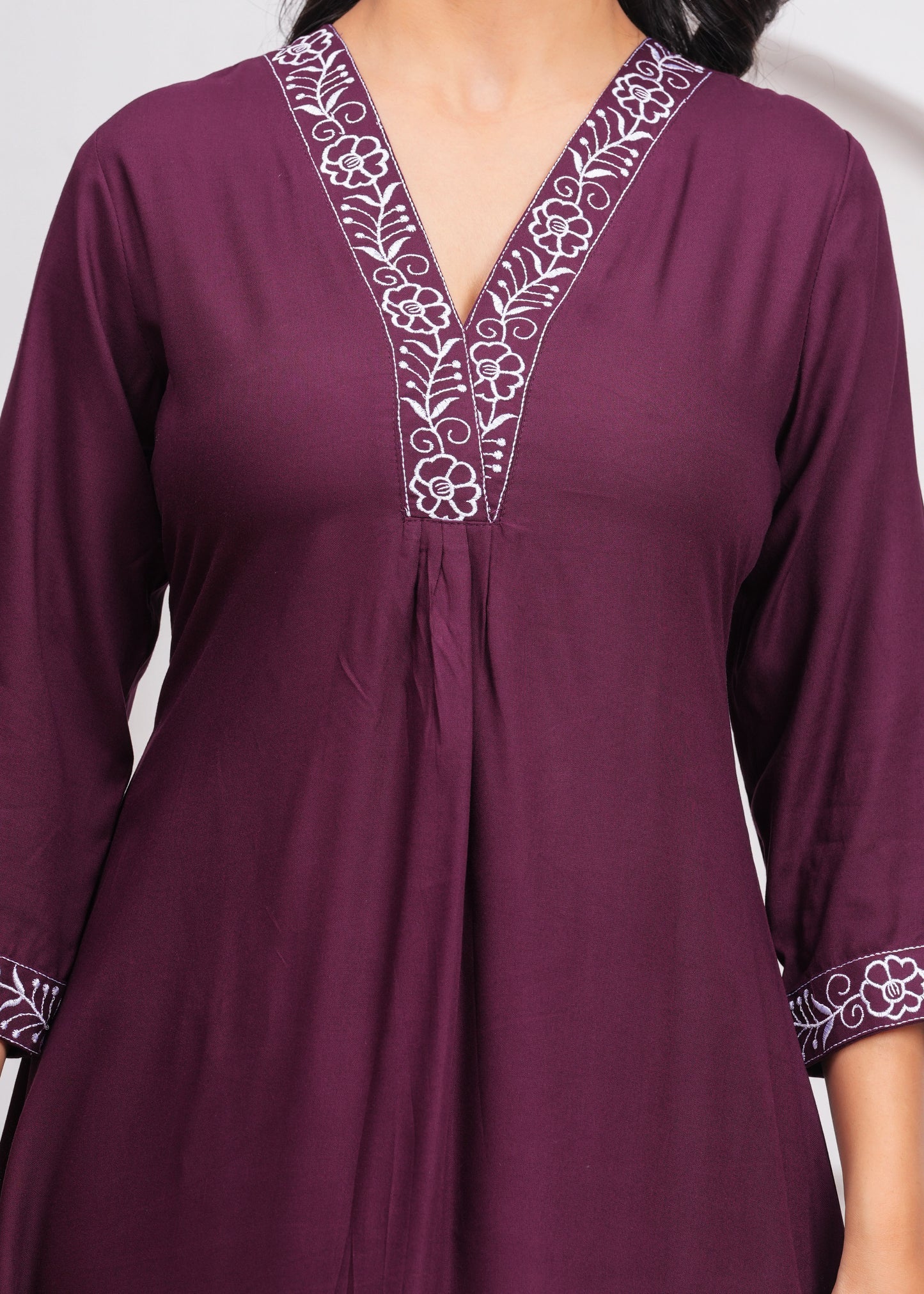 Wine Embroidered V Neck Rayon A-Line  Kurta Pant and Dupatta Set