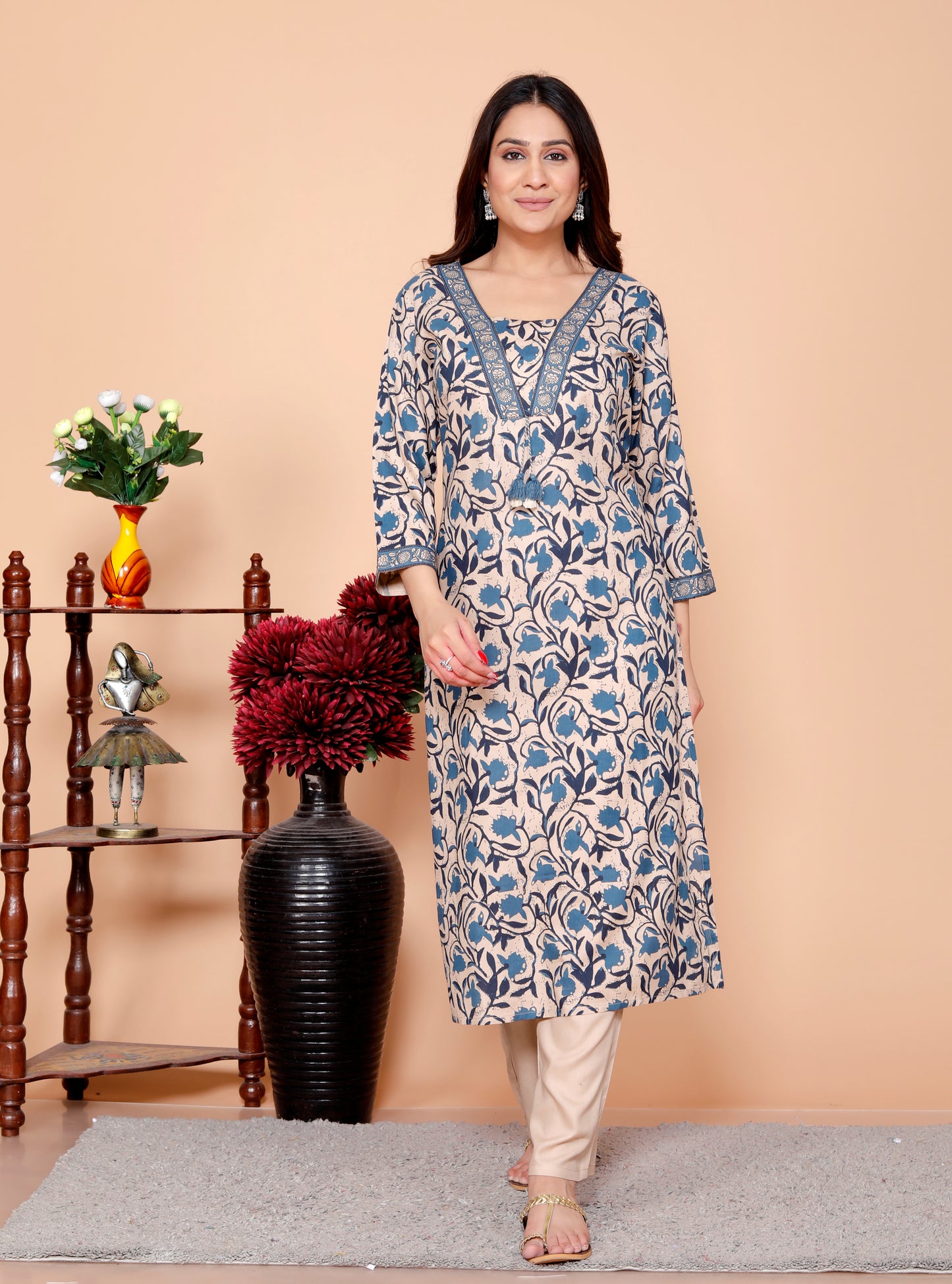 Teal Dabu Printed Rayon Printed Straight Women Kurta