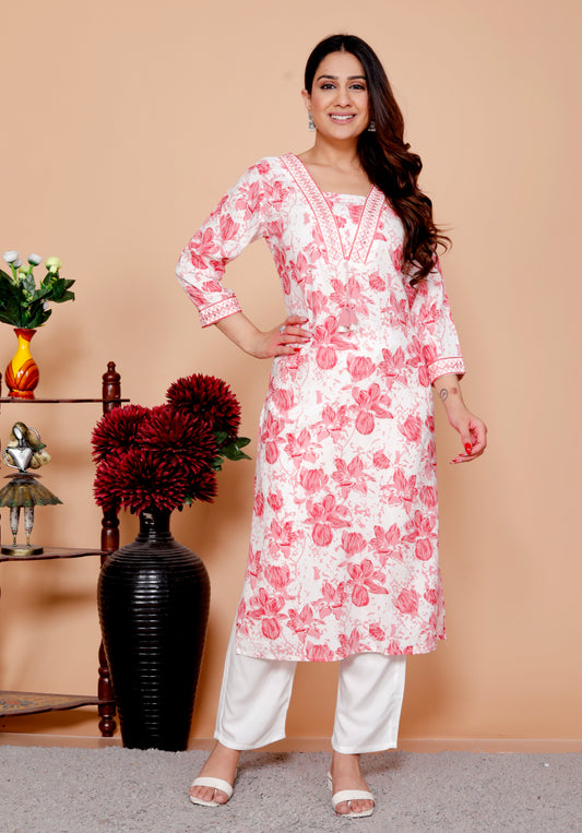 Peach Floral Printed Embroidered V Neck Rayon Straight Kurta
