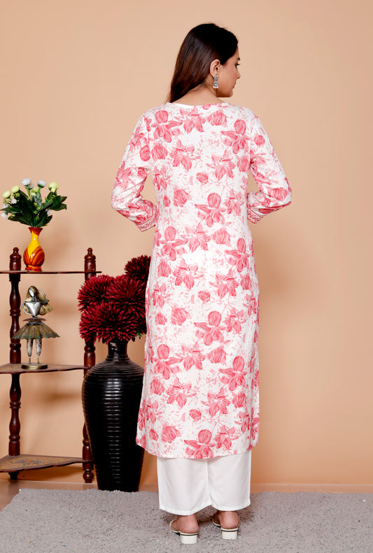 Peach Floral Printed Embroidered V Neck Rayon Straight Kurta