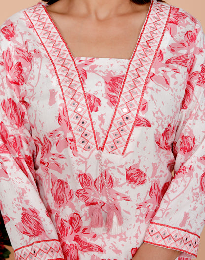 Peach Floral Printed Embroidered V Neck Rayon Straight Kurta
