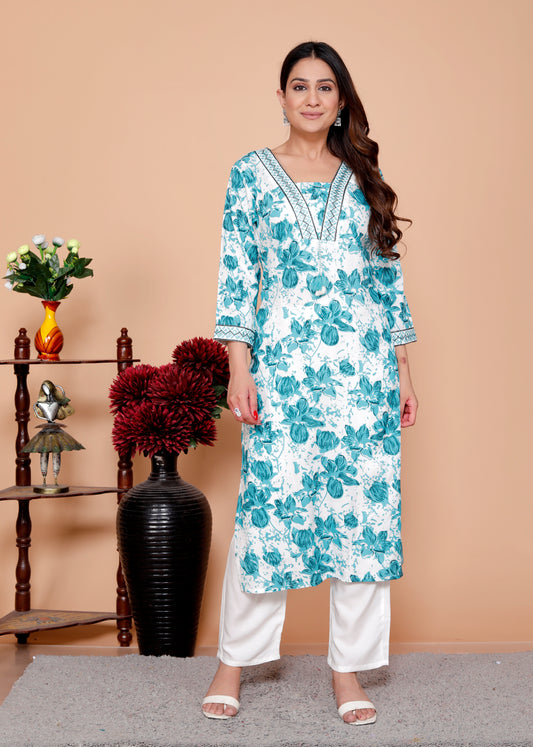 Rama Floral Printed Embroidered V Neck Rayon Straight Kurta