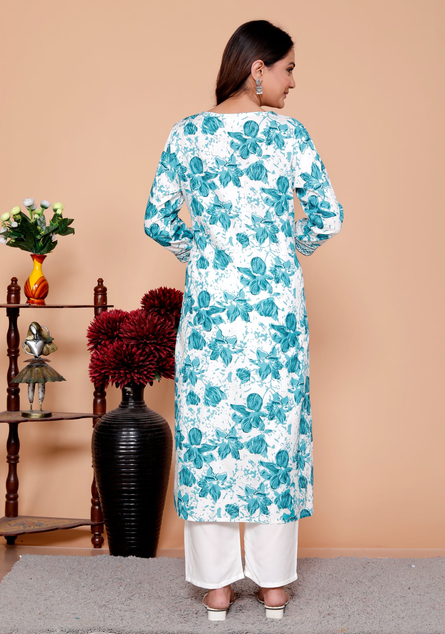Rama Floral Printed Embroidered V Neck Rayon Straight Kurta