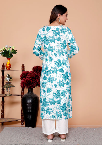 Rama Floral Printed Embroidered V Neck Rayon Straight Kurta