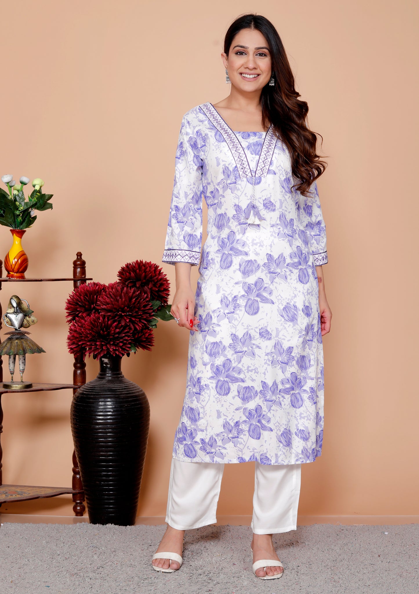 Purple Floral Printed Embroidered V Neck Rayon Straight Kurta