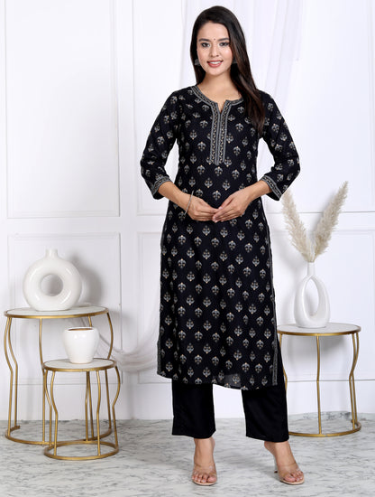 Black Rayon Printed Women Round Neck Straight Kurta