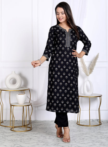 Black Rayon Printed Women Round Neck Straight Kurta
