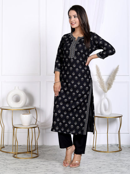 Black Rayon Printed Women Round Neck Straight Kurta