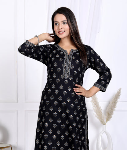Black Rayon Printed Women Round Neck Straight Kurta