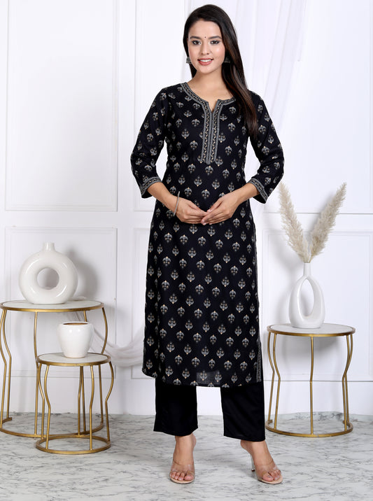 Black Rayon Printed Women Round Neck Straight Kurta