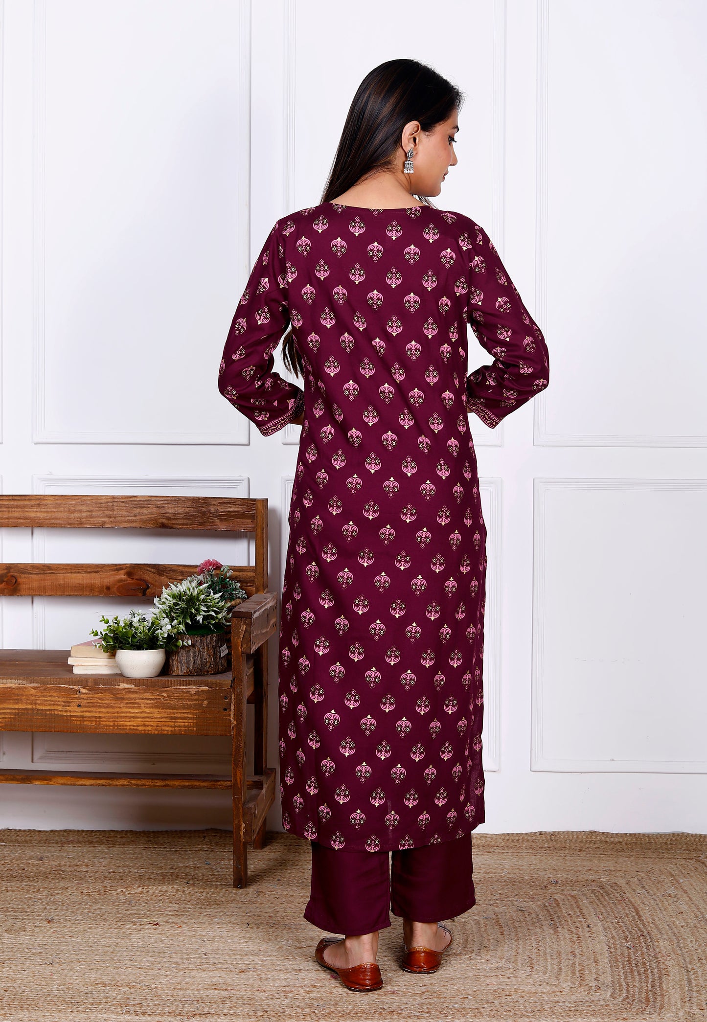 Wine Rayon Printed Women Round Neck Straight Kurta