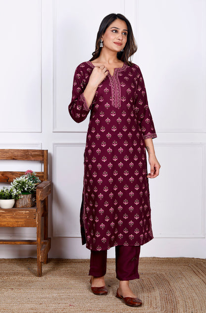 Wine Rayon Printed Women Round Neck Straight Kurta