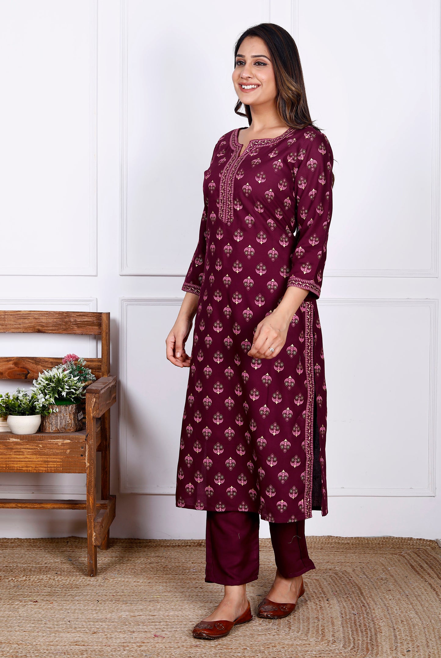 Wine Rayon Printed Women Round Neck Straight Kurta