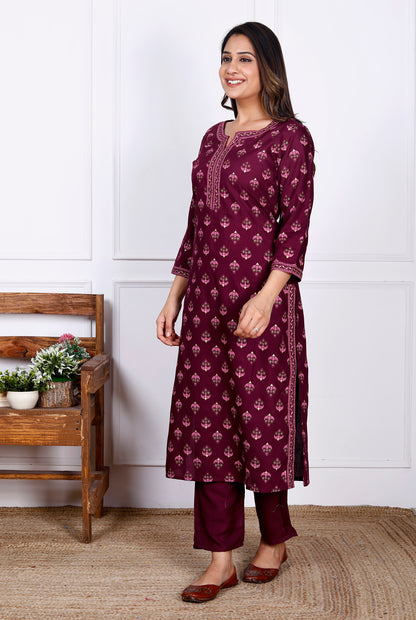 Wine Rayon Printed Women Round Neck Straight Kurta