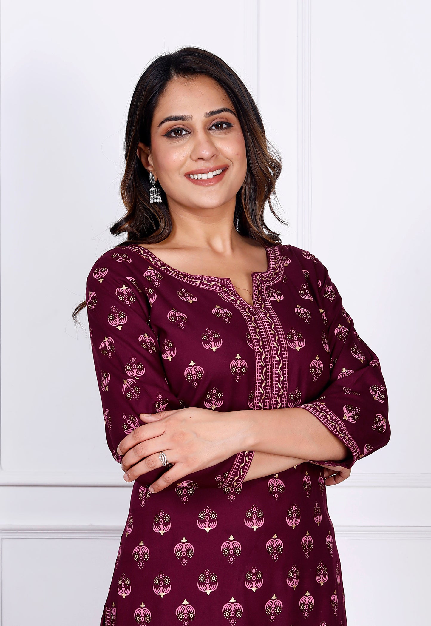 Wine Rayon Printed Women Round Neck Straight Kurta