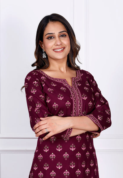 Wine Rayon Printed Women Round Neck Straight Kurta