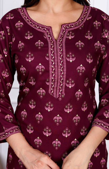 Wine Rayon Printed Women Round Neck Straight Kurta