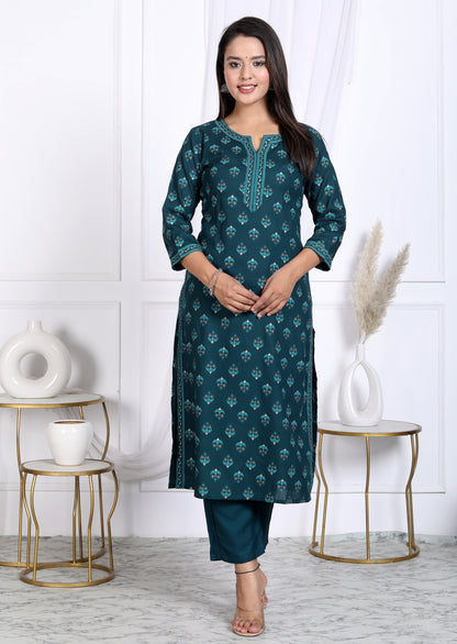 Teal Rayon Printed Women Round Neck Straight Kurta