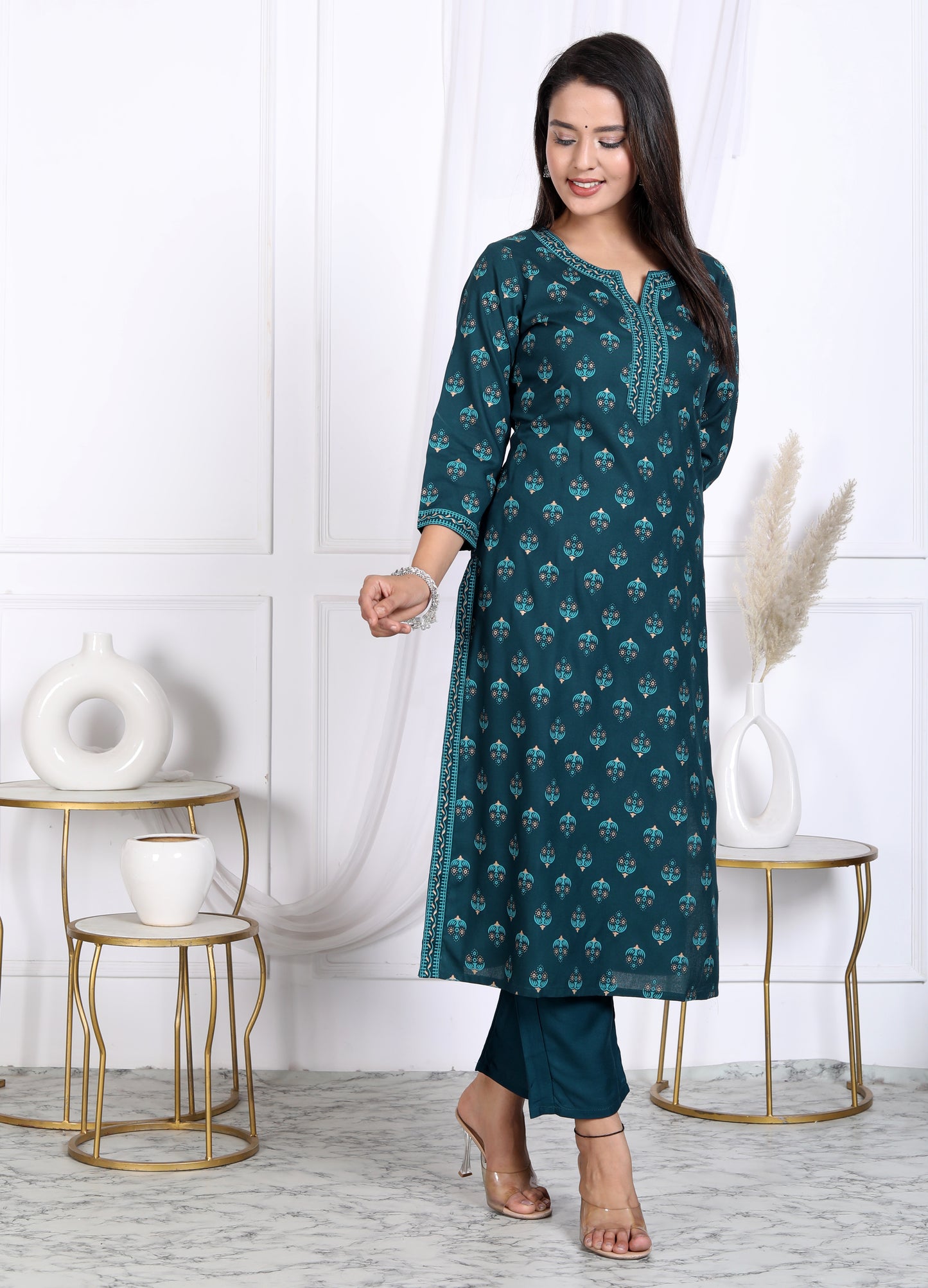 Teal Rayon Printed Women Round Neck Straight Kurta