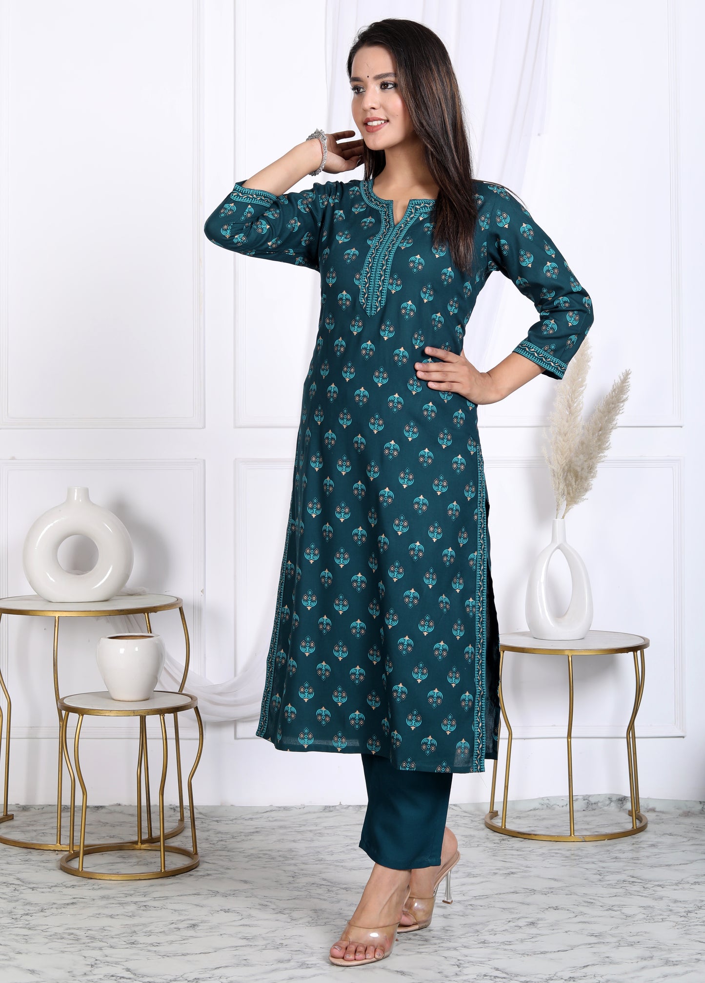 Teal Rayon Printed Women Round Neck Straight Kurta