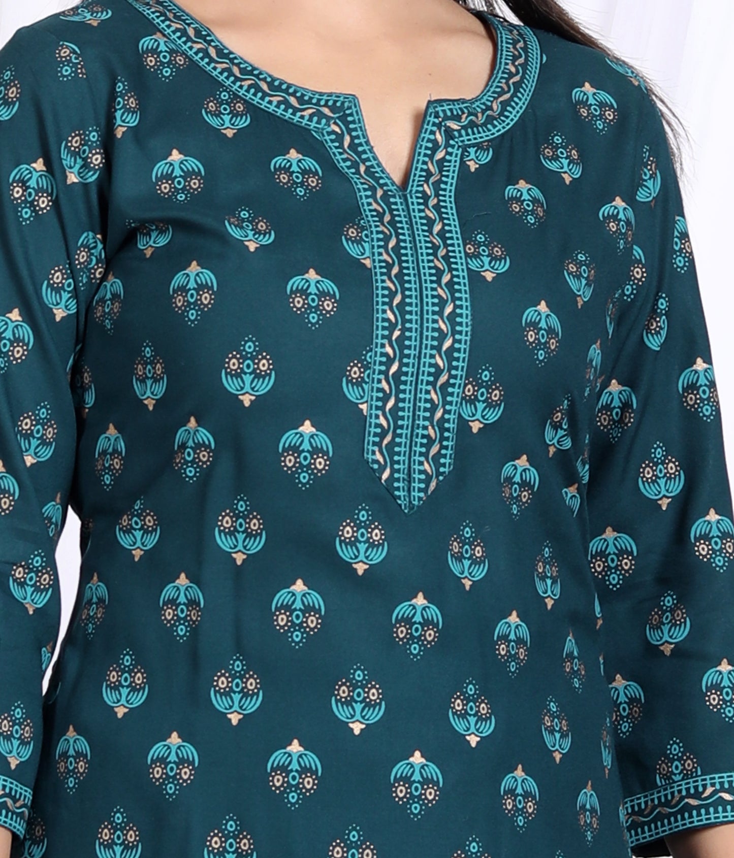 Teal Rayon Printed Women Round Neck Straight Kurta