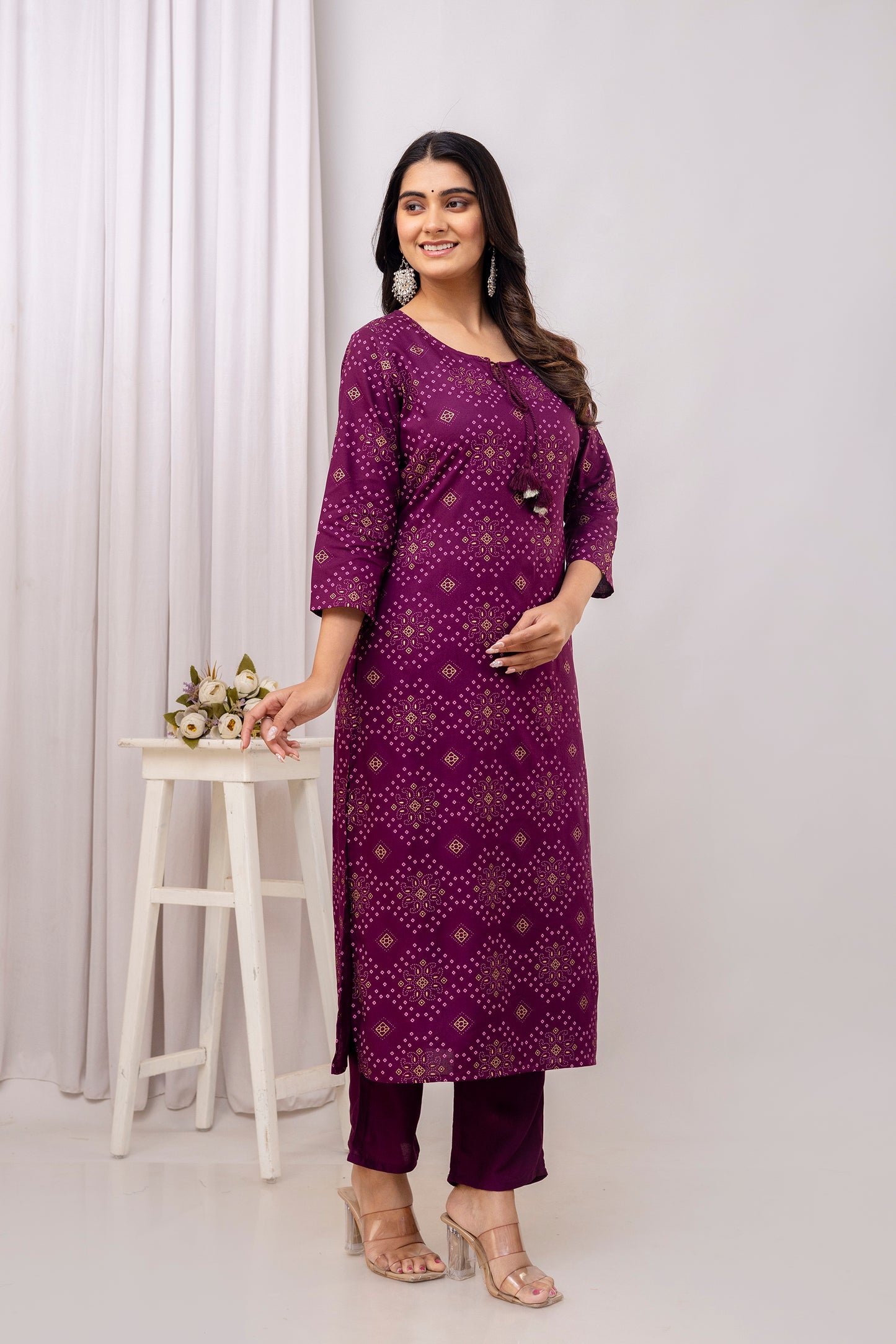 Wine Rayon Bandhani Printed Straight Kurta and Pant with Dori and Tussels