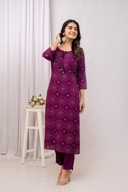 Wine Rayon Bandhani Printed Straight Kurta and Pant with Dori and Tussels