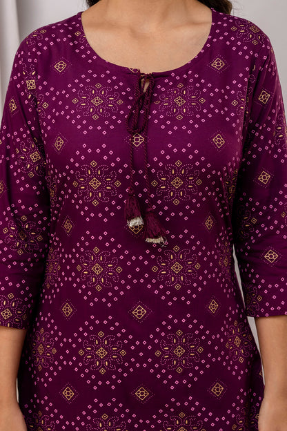 Wine Color Straight Women Round Neck Kurta with Dori and Tussels