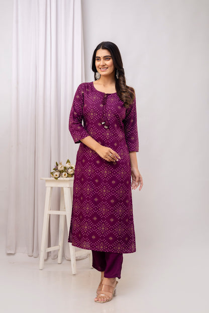 Wine Color Straight Women Round Neck Kurta with Dori and Tussels