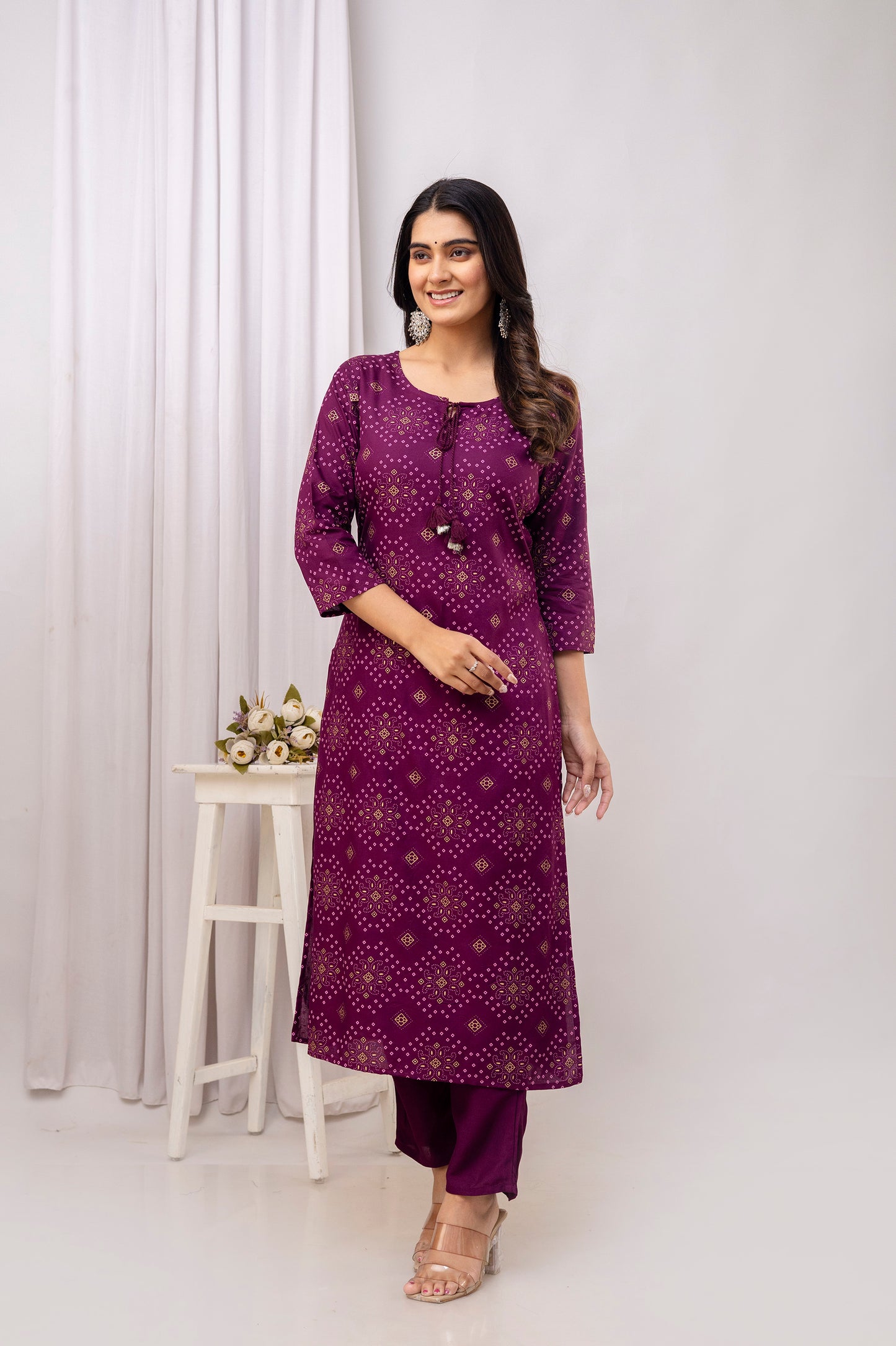 Wine Rayon Bandhani Printed Straight Kurta and Pant with Dori and Tussels