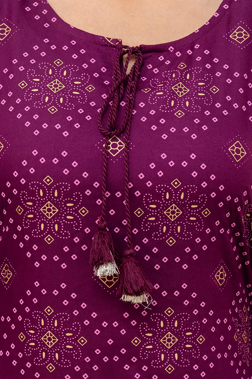 Wine Rayon Bandhani Printed Straight Kurta and Pant with Dori and Tussels