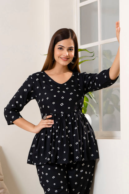 Veshviti Black Geometric Diamond print Flared Co-ord Set