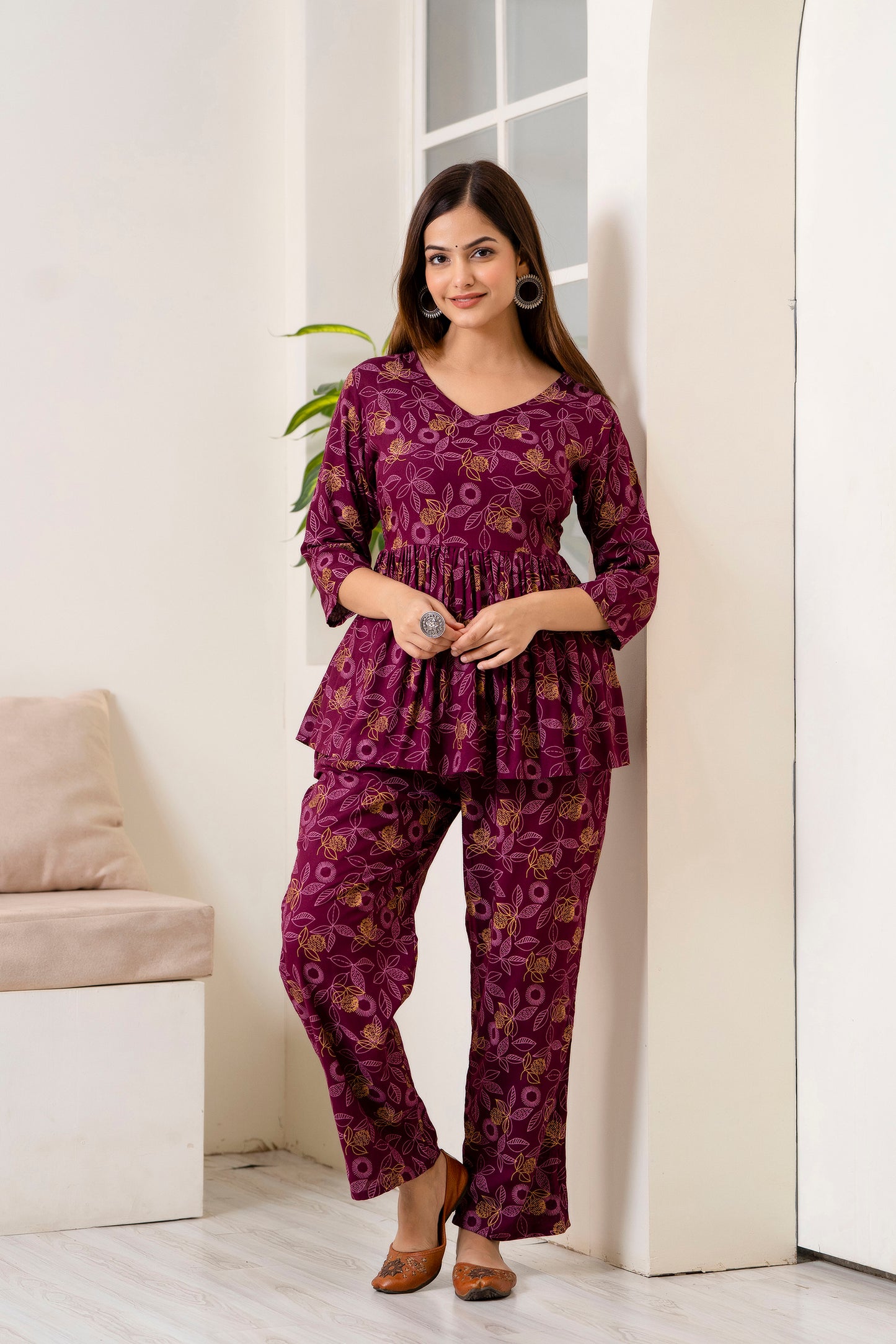 Veshviti Wine Leafs Printed Rayon Co-ord Set
