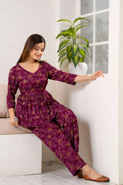 Veshviti Wine Leafs Printed Rayon Co-ord Set