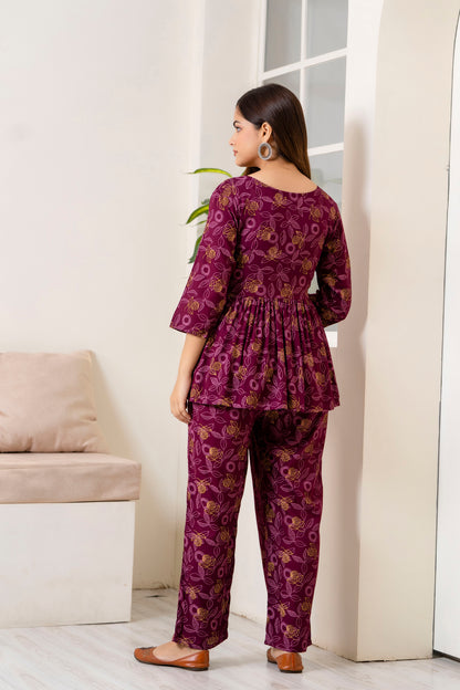 Veshviti Wine Leafs Printed Rayon Co-ord Set