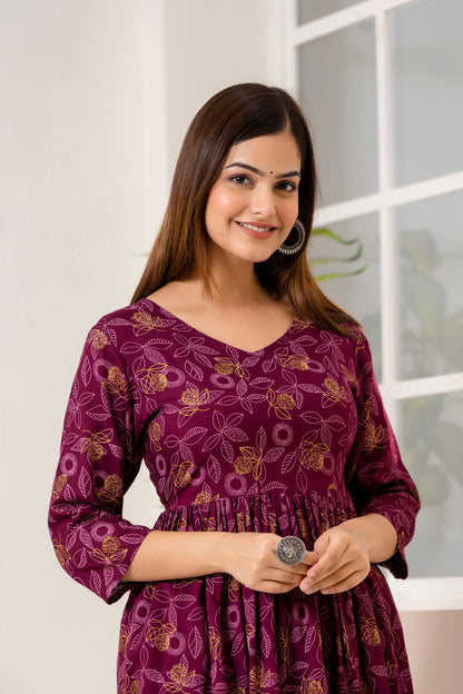 Veshviti Wine Leafs Printed Rayon Co-ord Set