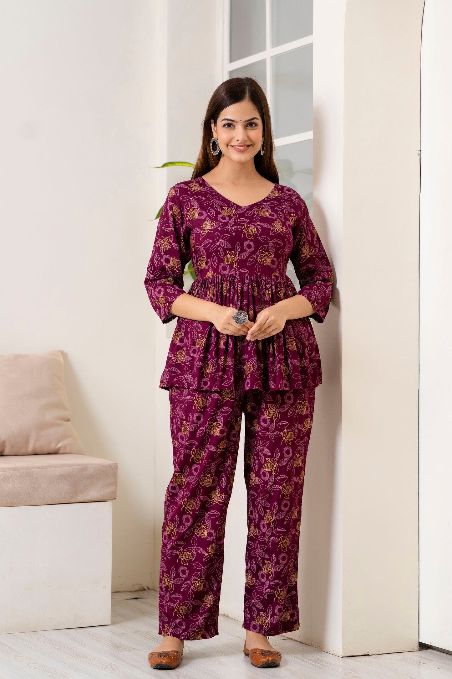 Veshviti Wine Leafs Printed Rayon Co-ord Set