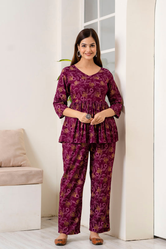 Veshviti Wine Leafs Printed Rayon Co-ord Set