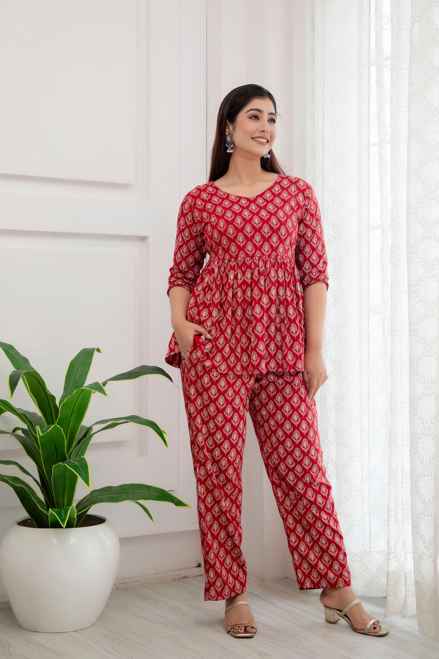 Veshviti Leaf Motif Printed Rayon Flared Co-ord Set