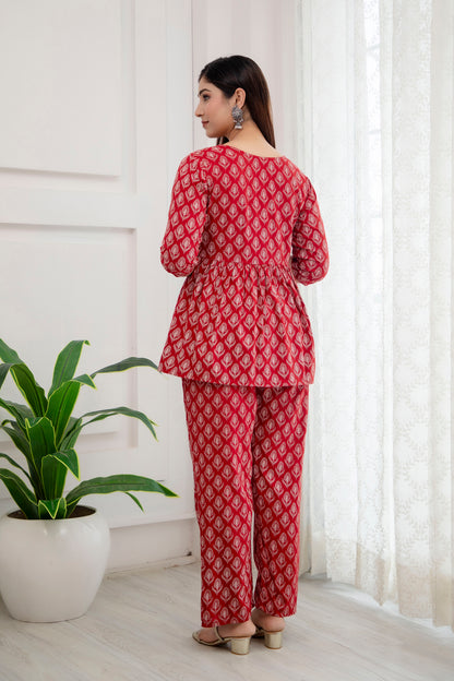 Veshviti Leaf Motif Printed Rayon Flared Co-ord Set