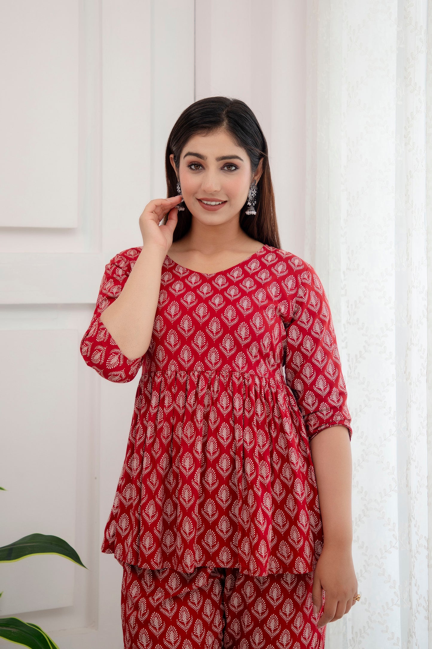 Veshviti Leaf Motif Printed Rayon Flared Co-ord Set