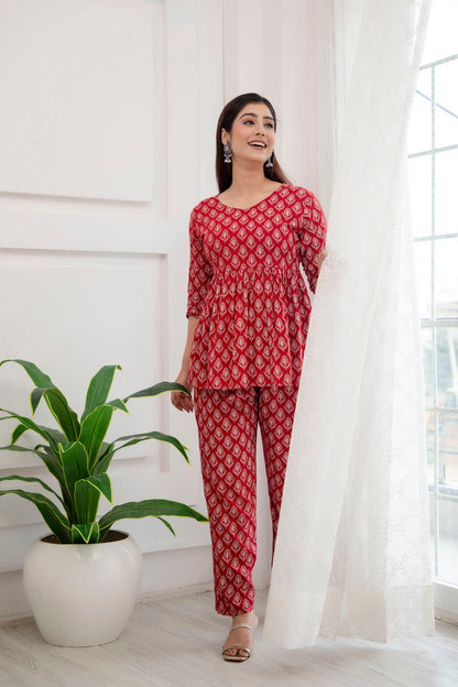 Veshviti Leaf Motif Printed Rayon Flared Co-ord Set