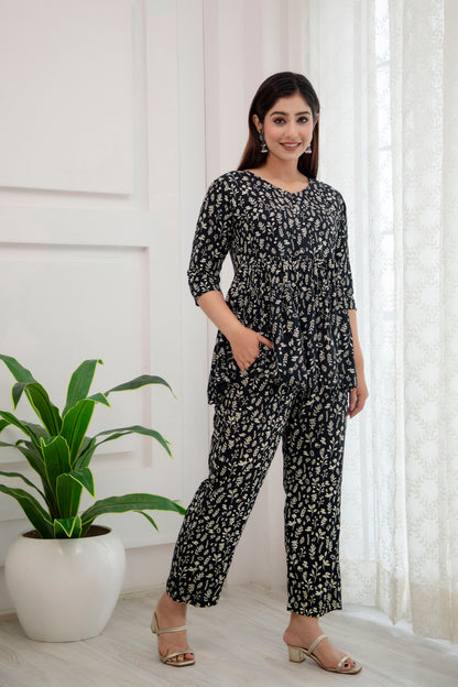 Veshviti Floral Printed Black Rayon Flared Co-ord Set